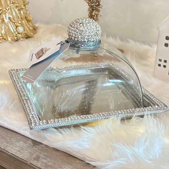 Rhinestone JEWELED Chrystals CAKE PASTRY KEEPER GLASS DOME Server Square - Picture 2 of 7